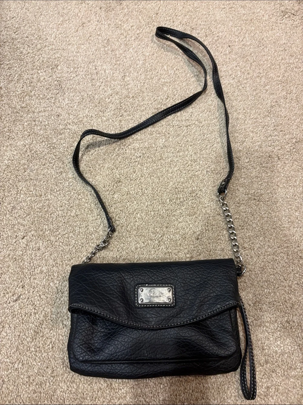 NINE WEST Black Leather Crossbody Bag with Chain Strap